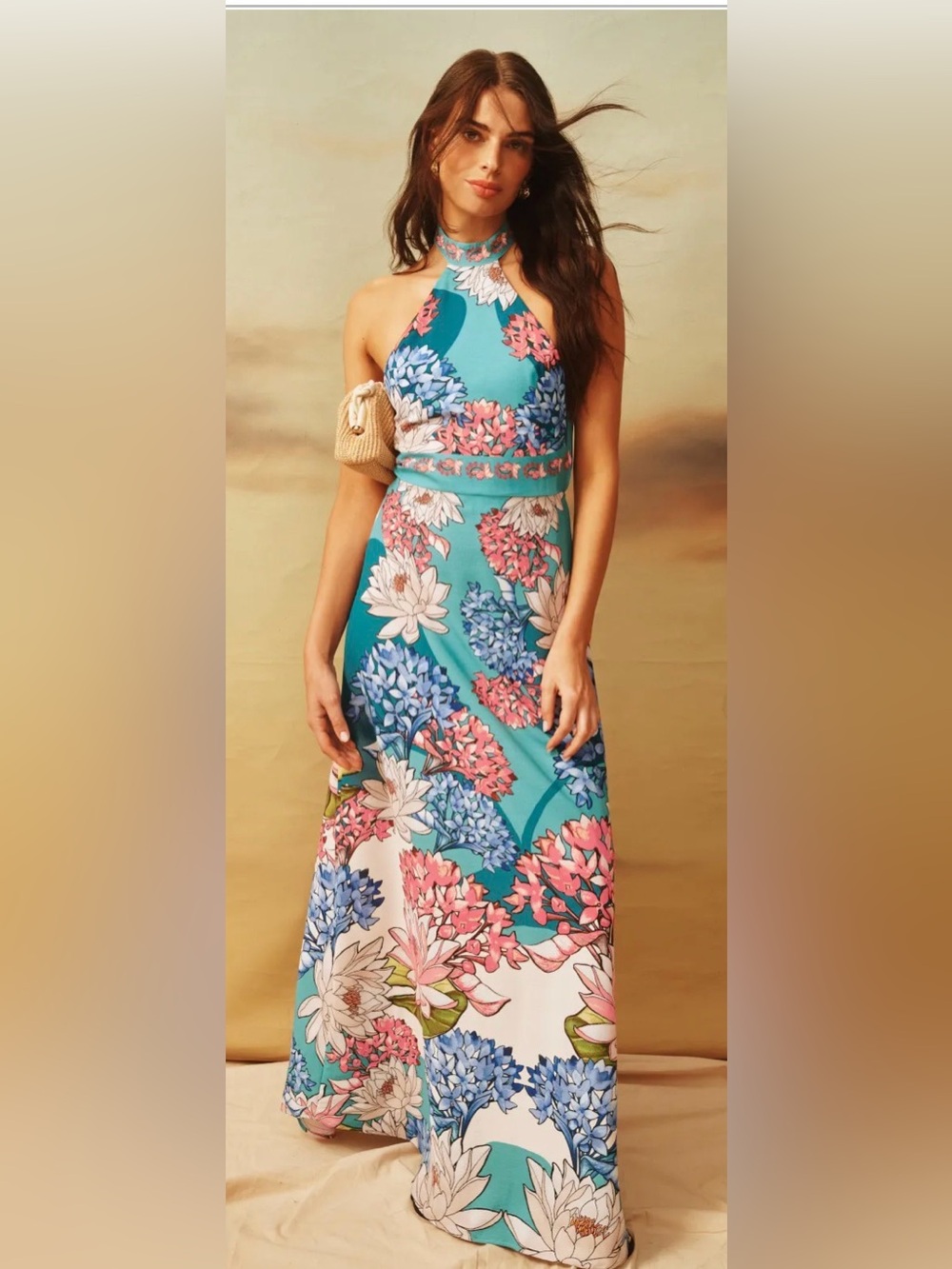 Agua Bendita Teal Floral Halter Top Dress Size M - Picture 2 of 11
